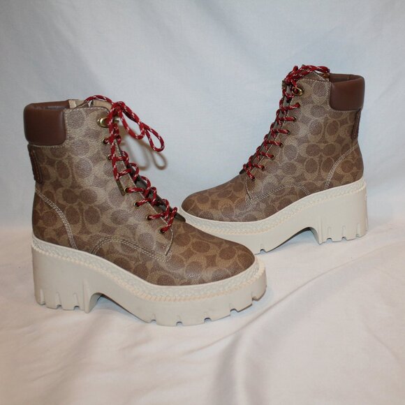 NIB WOMEN'S COACH AINSELY CANVAS COATED LOGO SIGNATURE PLATFORM BOOTIES TAN - Picture 3 of 7